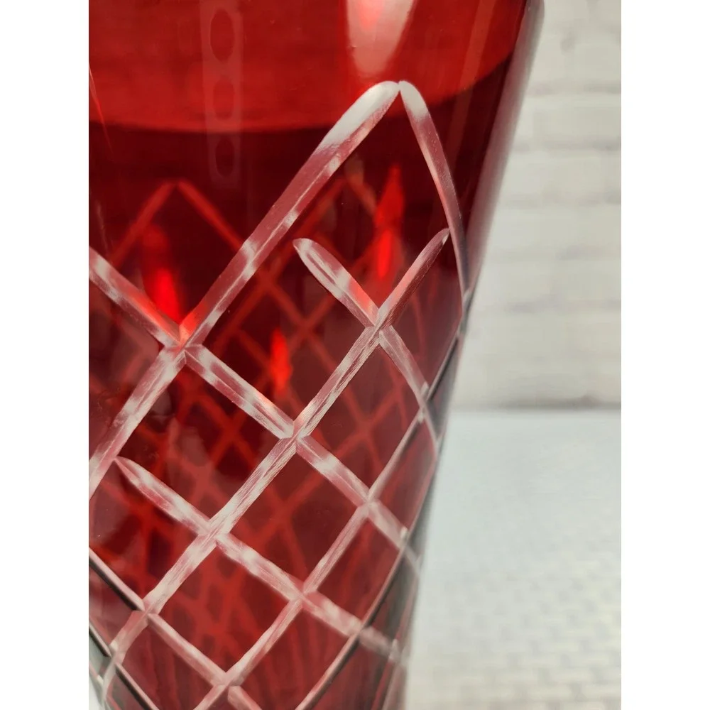 Ruby Red Bohemian Czech Cut to Clear Crystal Glass Vase Vibrant & Stunning!
